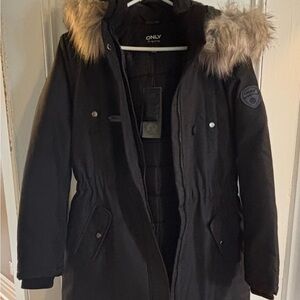 ONLY Women's Black Parka with Faux Fur Hood NWT